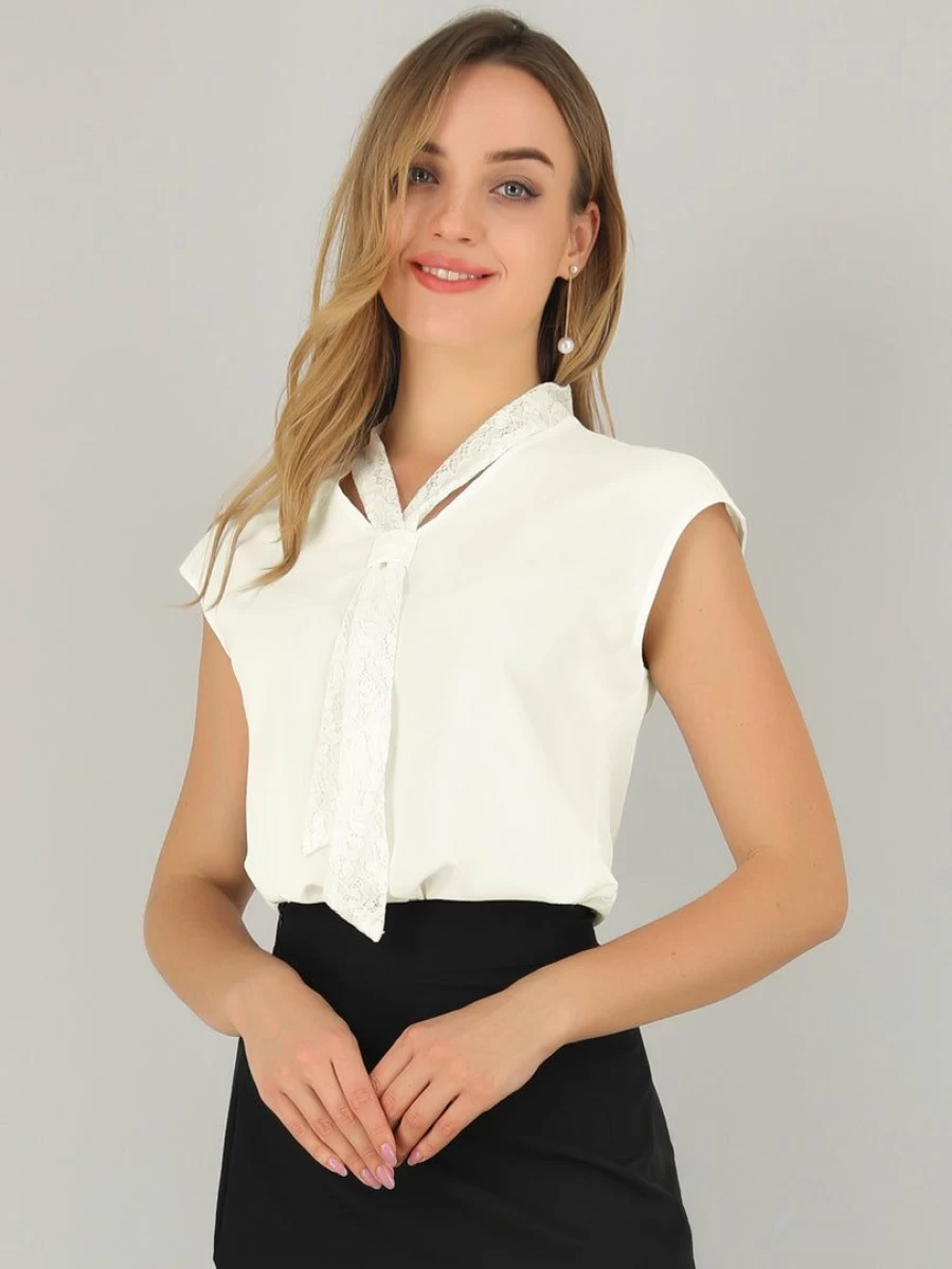 Women's White Sleeveless Casual Blouse for Office Work Top