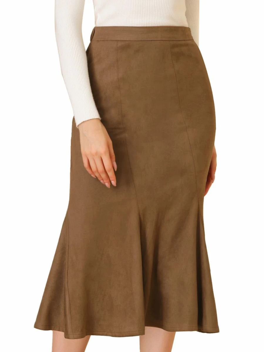 Allegra K Women's Brown Faux Suede A-Line Midi Skirt with Elastic Back and Hidden Side Zip for Retro Work Wear