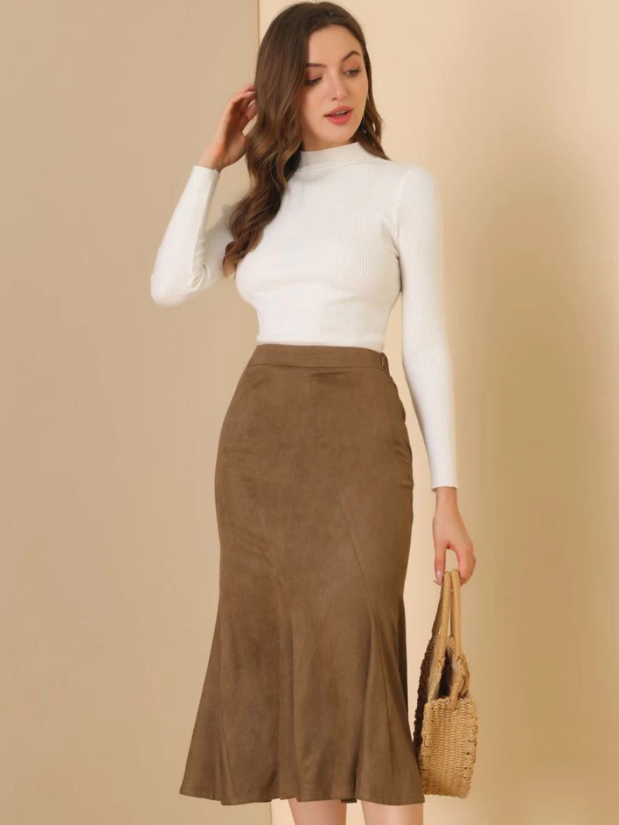 Allegra K Women's Brown Faux Suede A-Line Midi Skirt with Elastic Back and Hidden Side Zip for Retro Work Wear