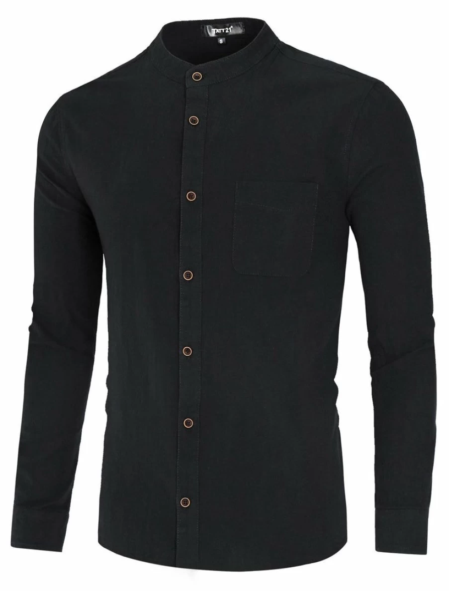 Men's Casual Long Sleeve Button Down Shirt - Banded Collar Washed Cotton Relaxed Fit