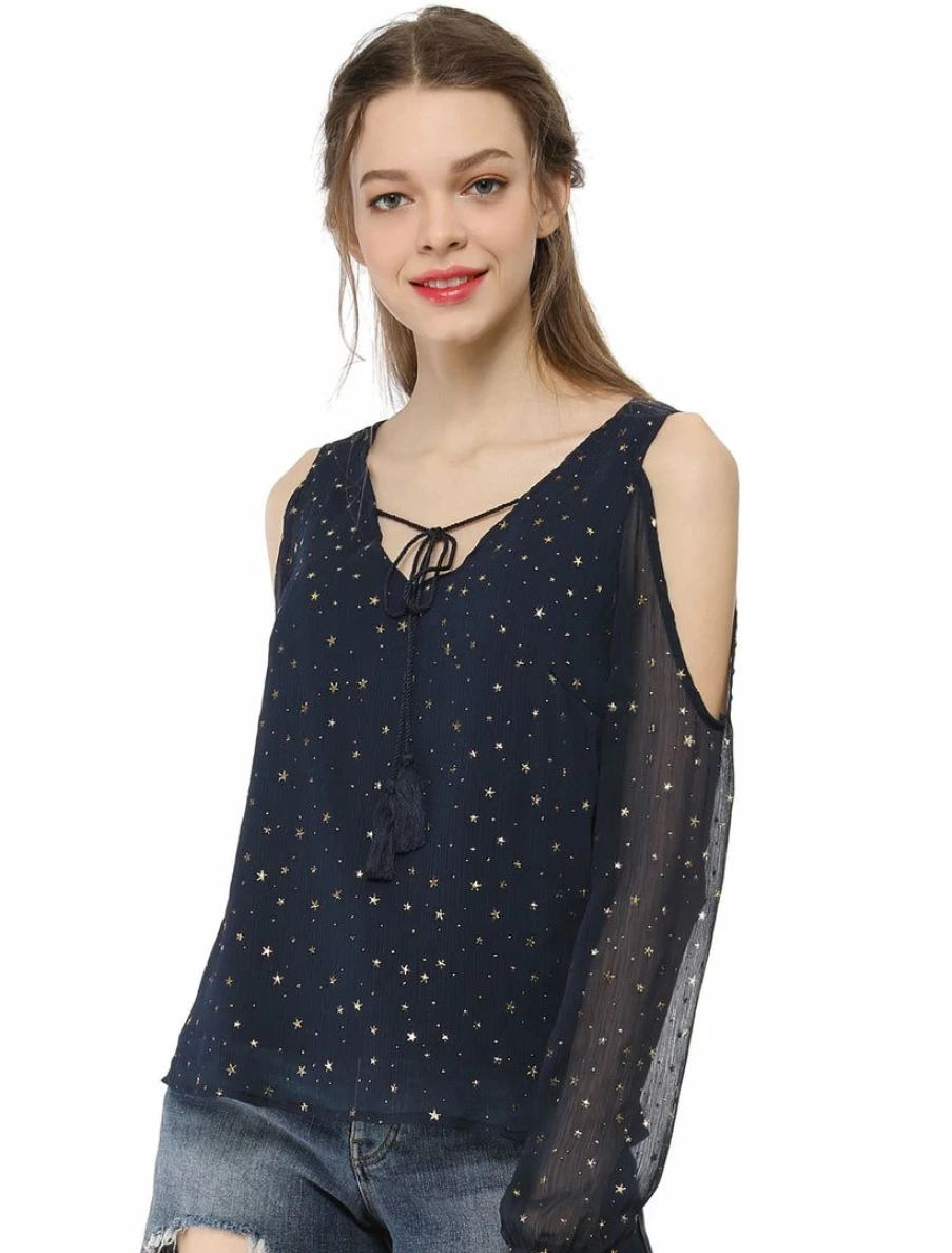 Women's Blue Semi-Sheer Cold Shoulder Blouse with V-Neck & Tie Detail - Stylish Star Print Top