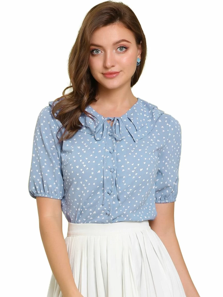 Allegra K Women's Blue Heart Print Tie Neck Blouse with Doll Collar Short Sleeve Top