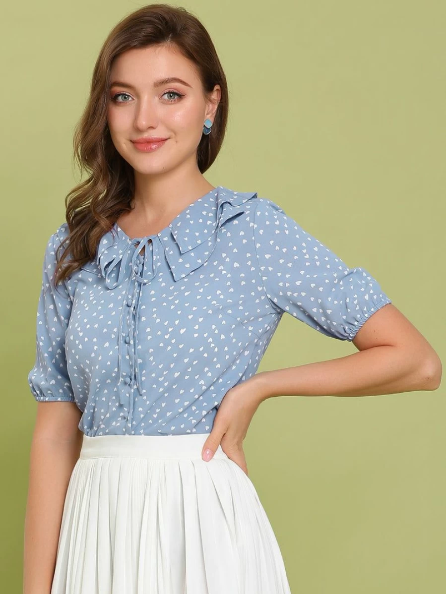Allegra K Women's Blue Heart Print Tie Neck Blouse with Doll Collar Short Sleeve Top