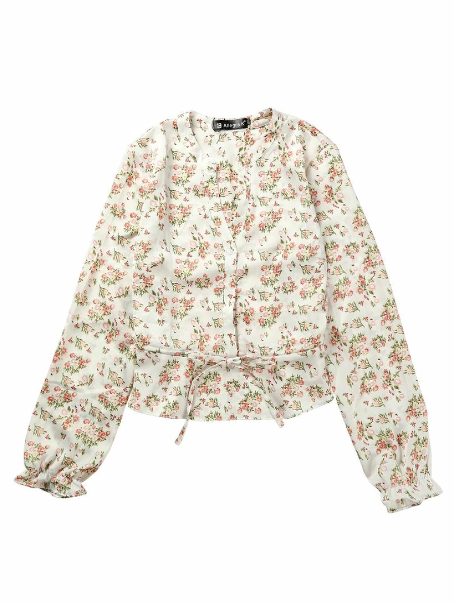 Allegra K Women's White Floral V-Neck Long Sleeve Blouse with Button Front and Stand Collar