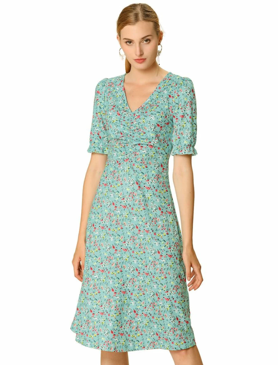 Allegra K Women's Yellow Floral Ruffle Dress Short Sleeve V-Neck Ruched Waist Casual Summer Dress