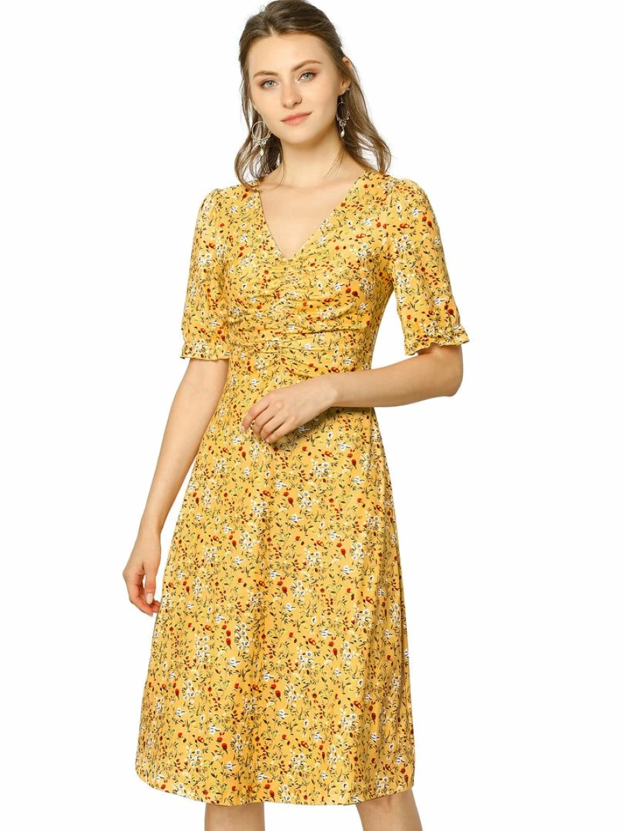 Allegra K Women's Yellow Floral Ruffle Dress Short Sleeve V-Neck Ruched Waist Casual Summer Dress