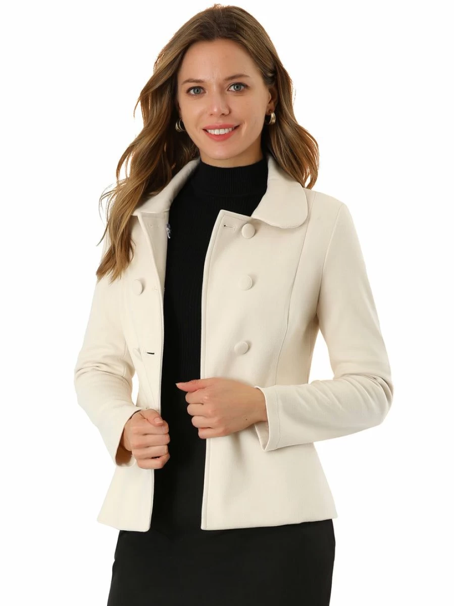 White Women's Pea Coat with Peter Pan Collar & Double Breasted Design - Elegant Button Up Style with Pockets