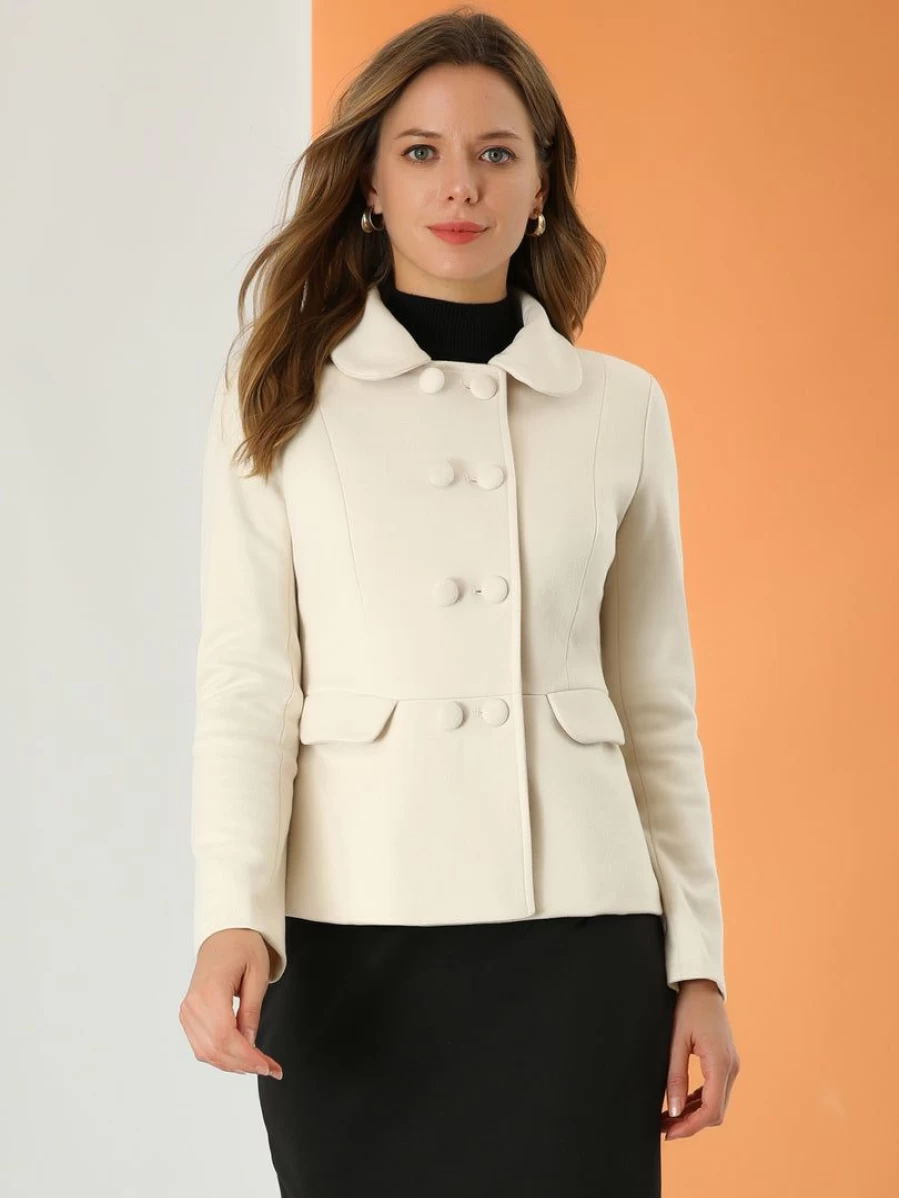 White Women's Pea Coat with Peter Pan Collar & Double Breasted Design - Elegant Button Up Style with Pockets