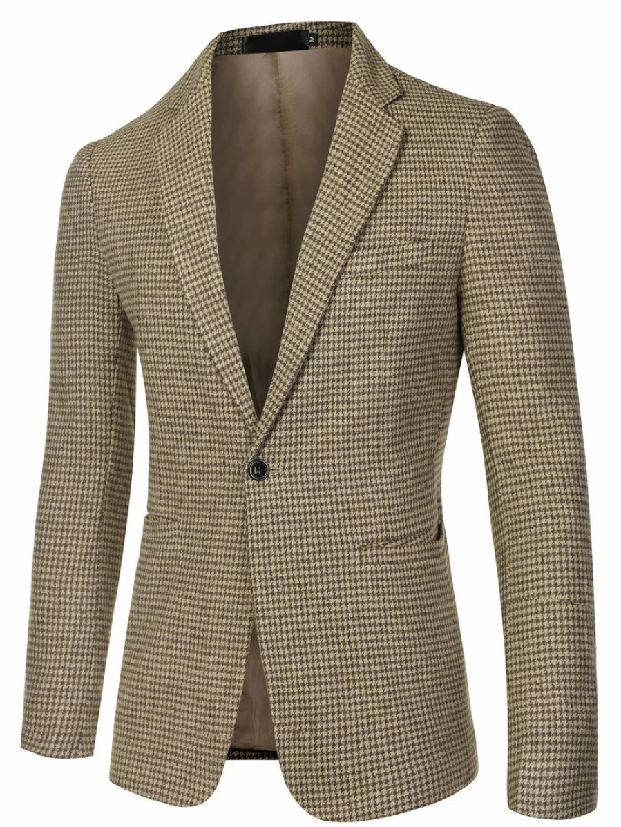 Men's Casual Houndstooth Blazer with Notched Lapel & Single Button - Stylish Plaid Sports Coat