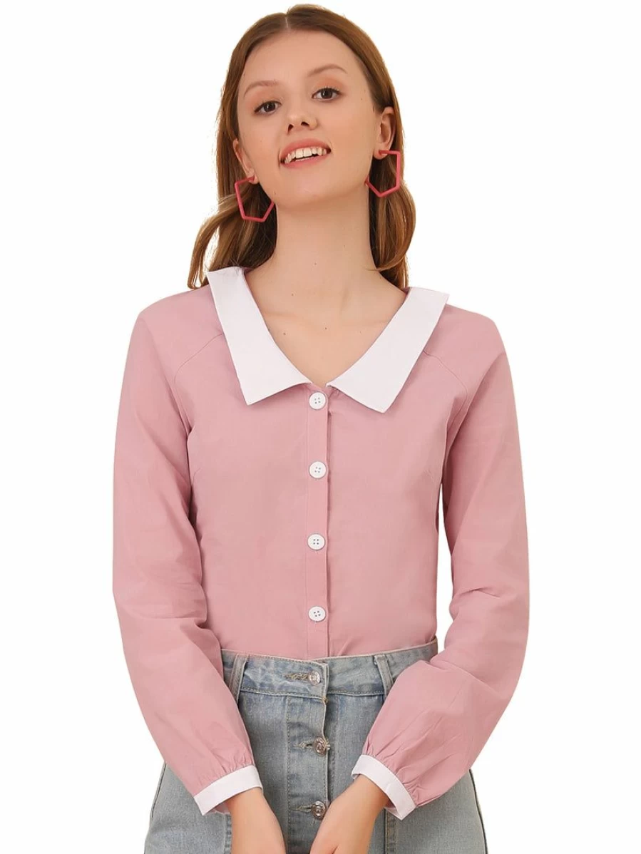 Pink Women's Contrast Peter Pan Collar Button-Up Blouse by Allegra K