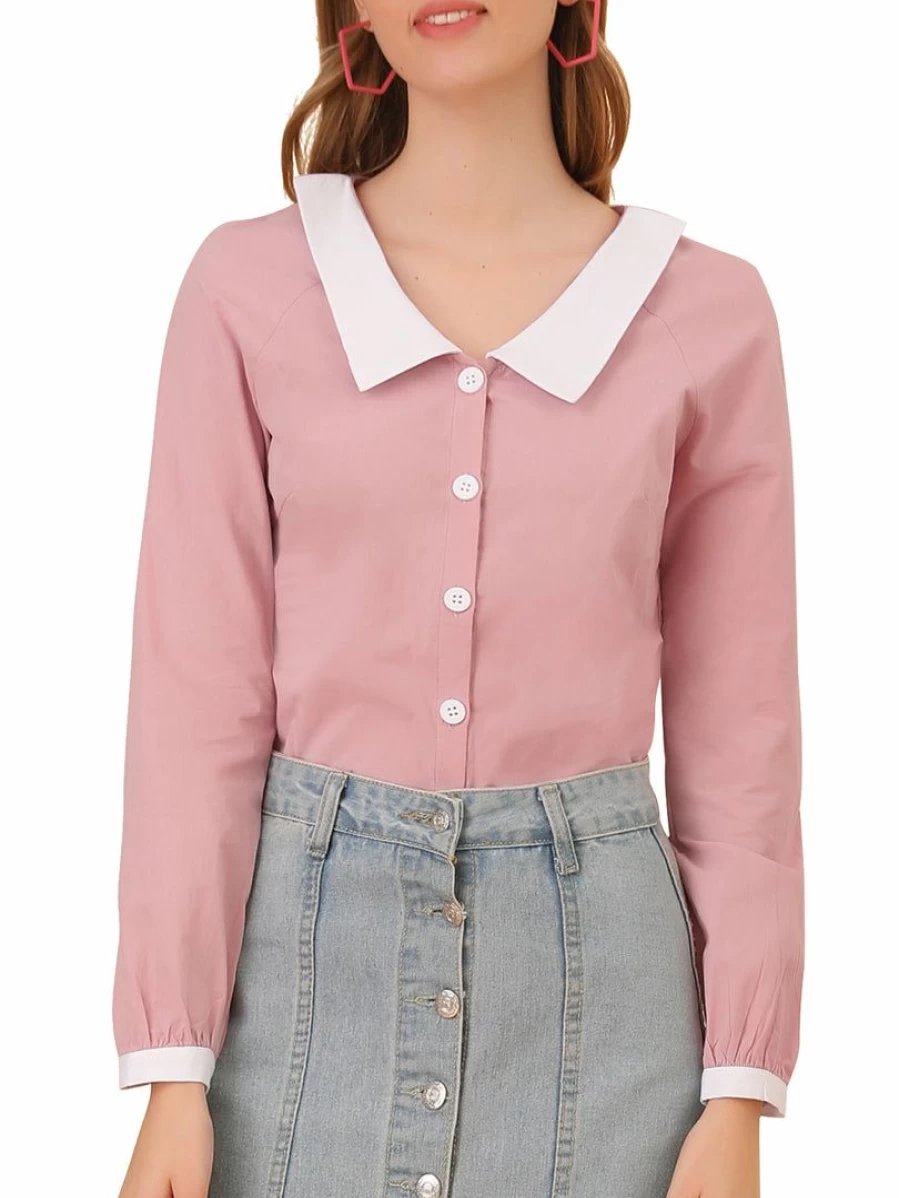 Pink Women's Contrast Peter Pan Collar Button-Up Blouse by Allegra K