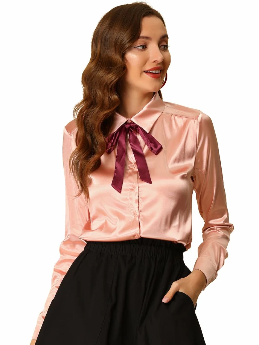 Allegra K Women's Pink Satin Chiffon Top with Long Sleeves and Tie Bow Neck