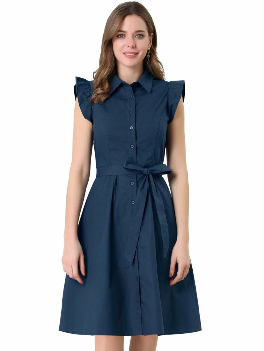 Women's Cotton Shirtdress with Belt - Office Work Dress Ruffled Sleeveless Design