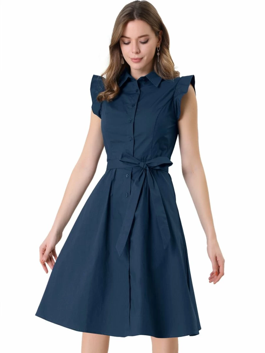 Women's Cotton Shirtdress with Belt - Office Work Dress Ruffled Sleeveless Design