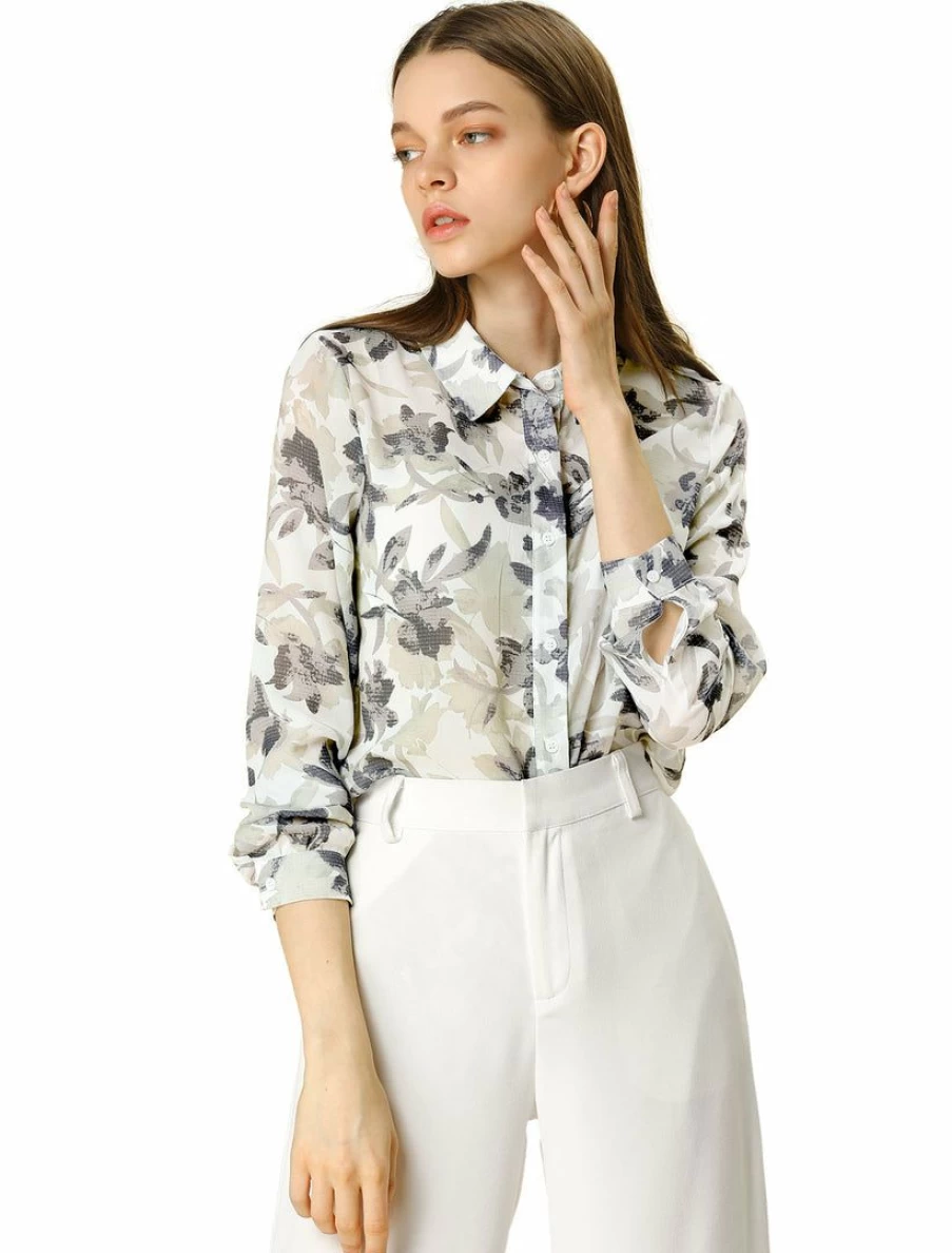 Deep Blue Floral Printed Vintage Button Down Shirt for Women - Long Sleeve Feminine Top