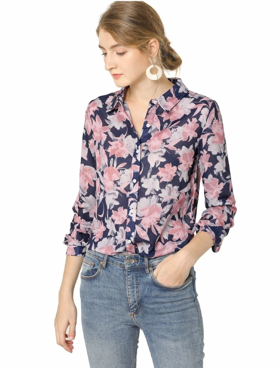 Deep Blue Floral Printed Vintage Button Down Shirt for Women - Long Sleeve Feminine Top