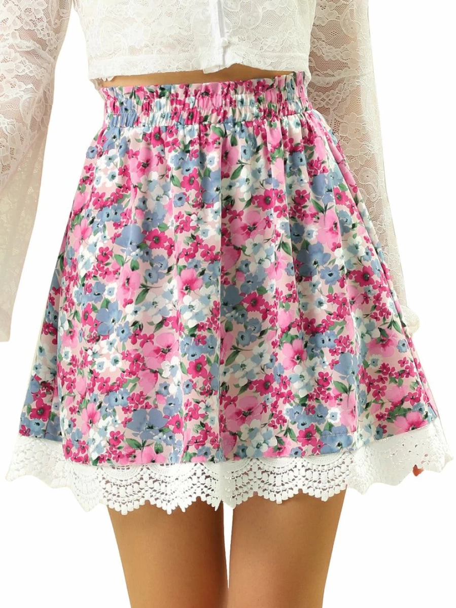 Pink Floral Print Flowy Mini Skirt with Elastic Waist & Lace Scalloped Hem for Women