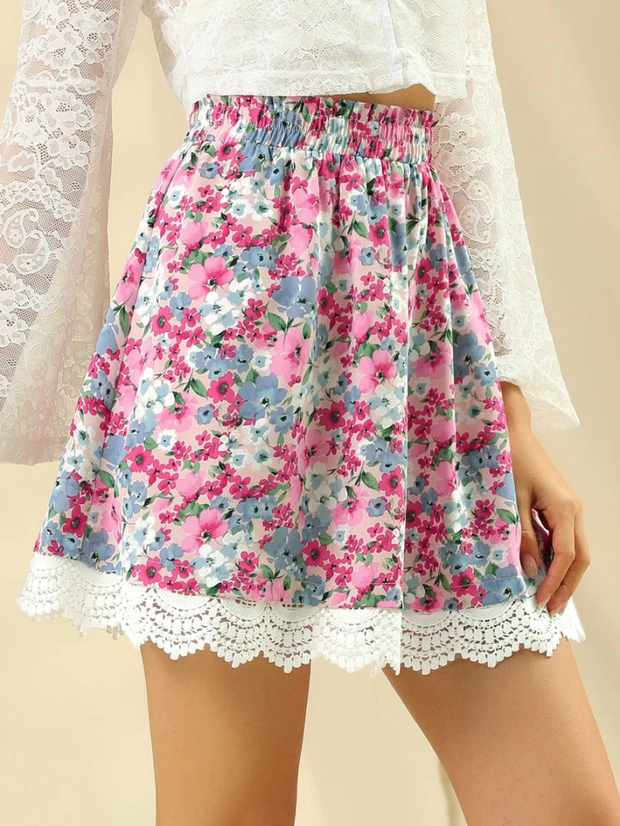 Pink Floral Print Flowy Mini Skirt with Elastic Waist & Lace Scalloped Hem for Women