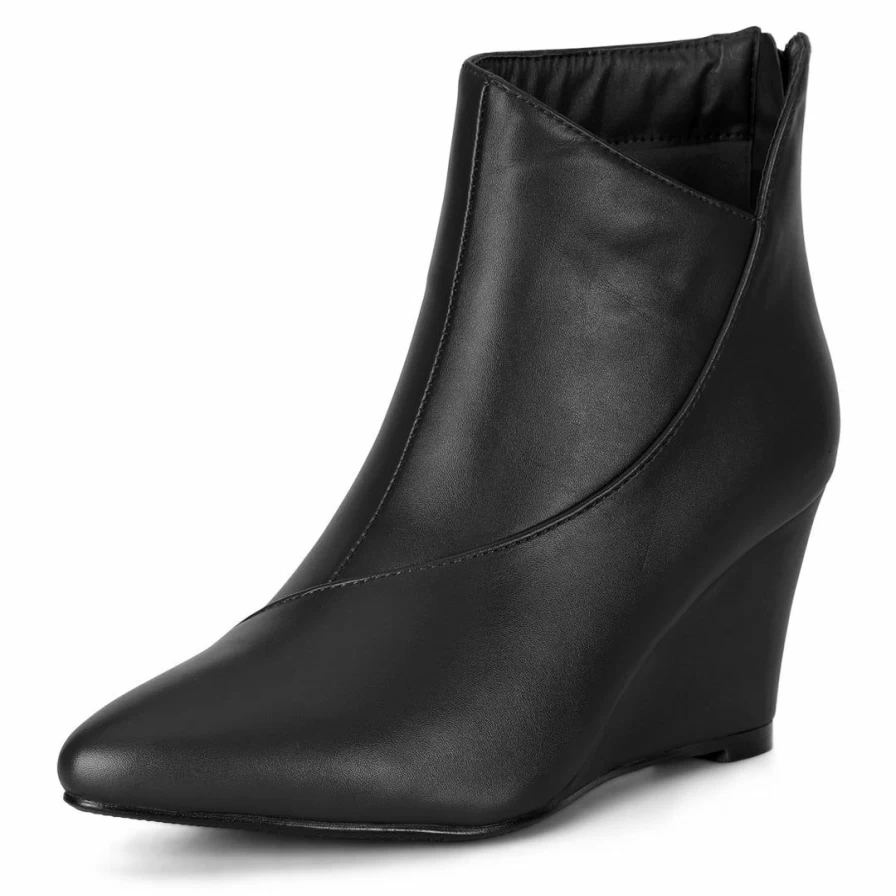 Women's Fashion Pointed Toe Wedge Heel Ankle Boots with Side Zipper Stylish Casual Dress Shoes