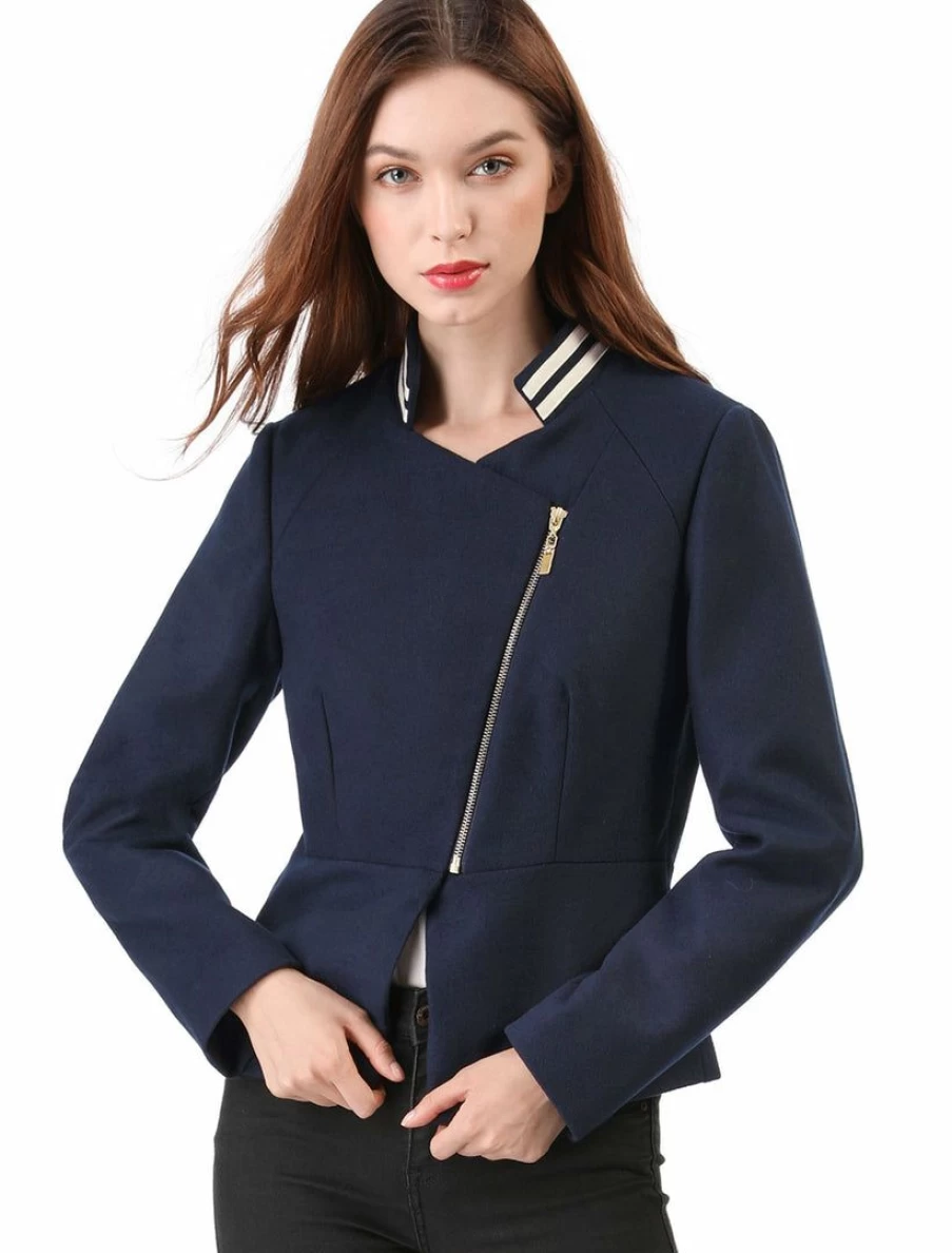 Women's Dark Blue Contrast Collar Lightweight Biker Jacket with Zip Up
