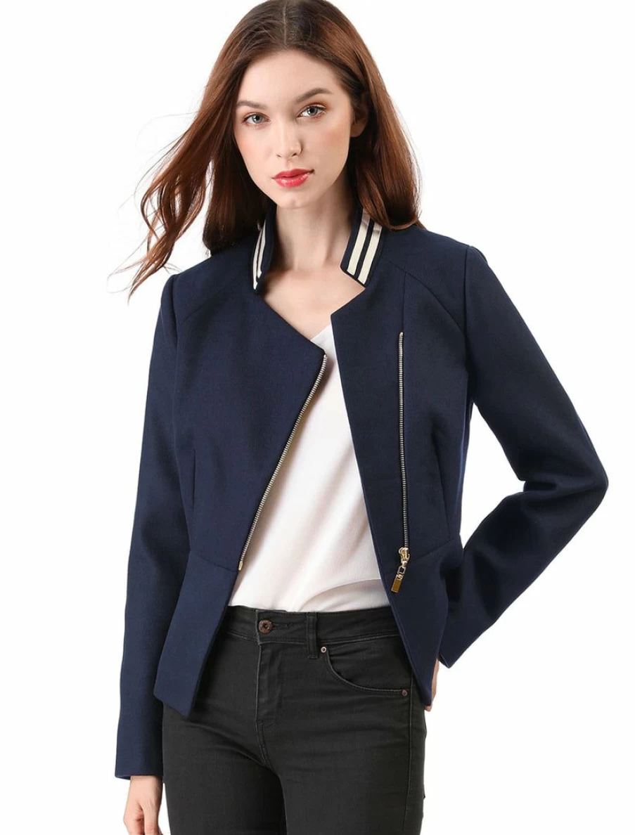 Women's Dark Blue Contrast Collar Lightweight Biker Jacket with Zip Up