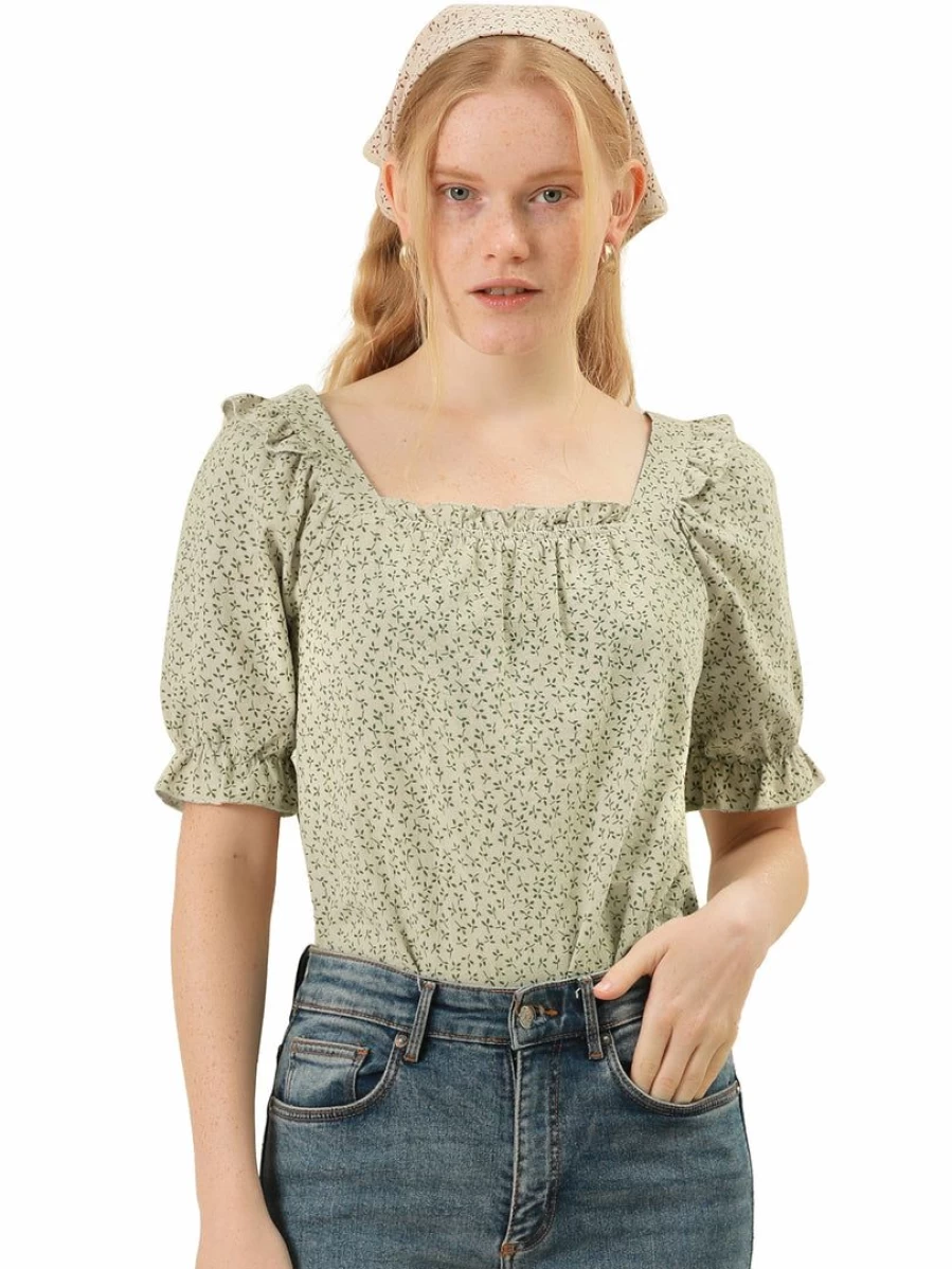 Women's Floral Peasant Blouse with Square Neck & Puff Sleeves - Ruffled Boho Top