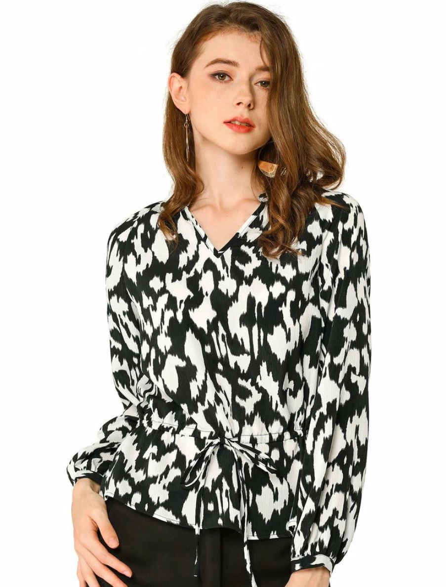 Allegra K Women's White V-Neck Long Sleeve Blouse with Waist Drawstring and Animal Print Elegant Top