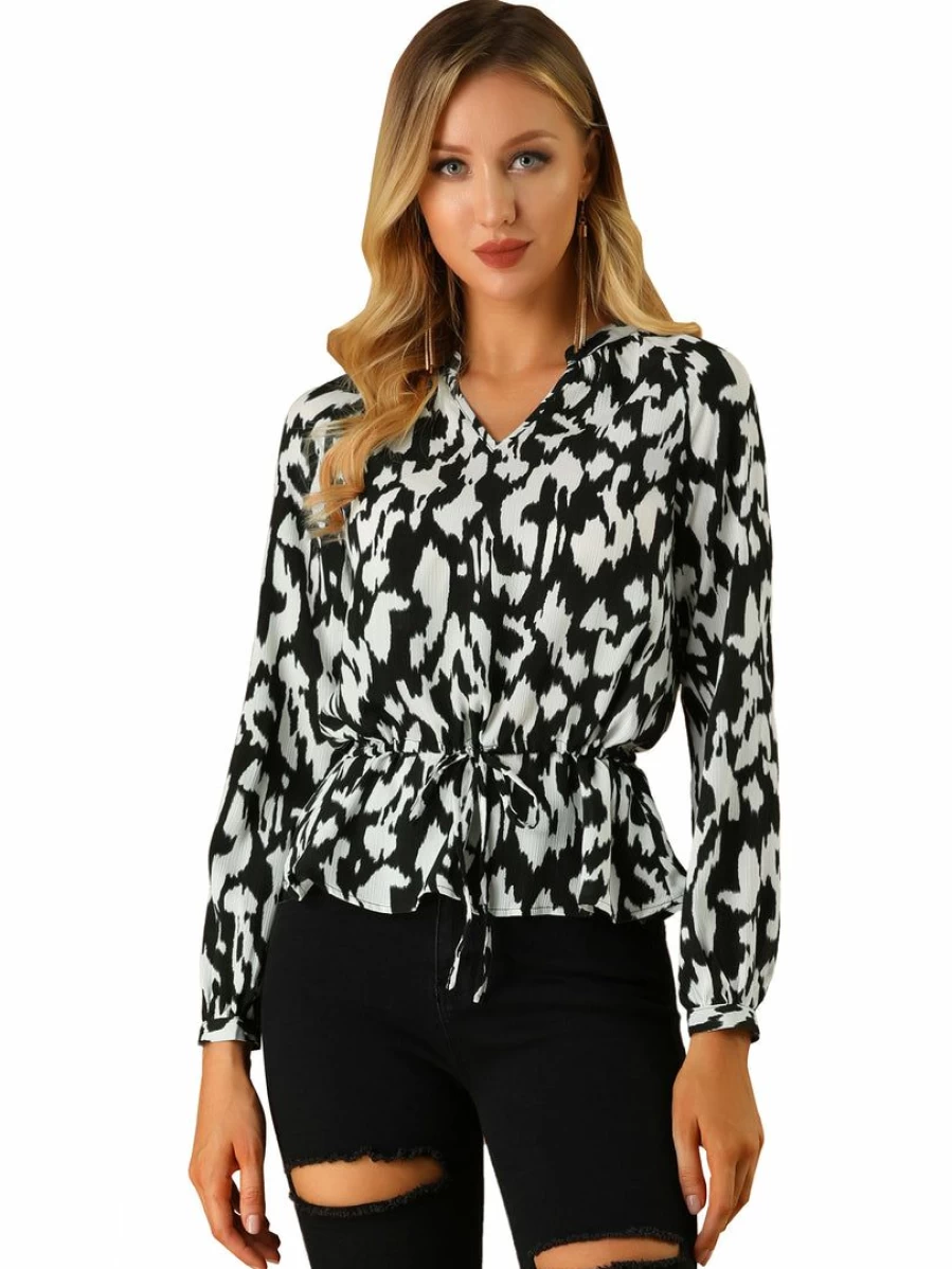 Allegra K Women's White V-Neck Long Sleeve Blouse with Waist Drawstring and Animal Print Elegant Top