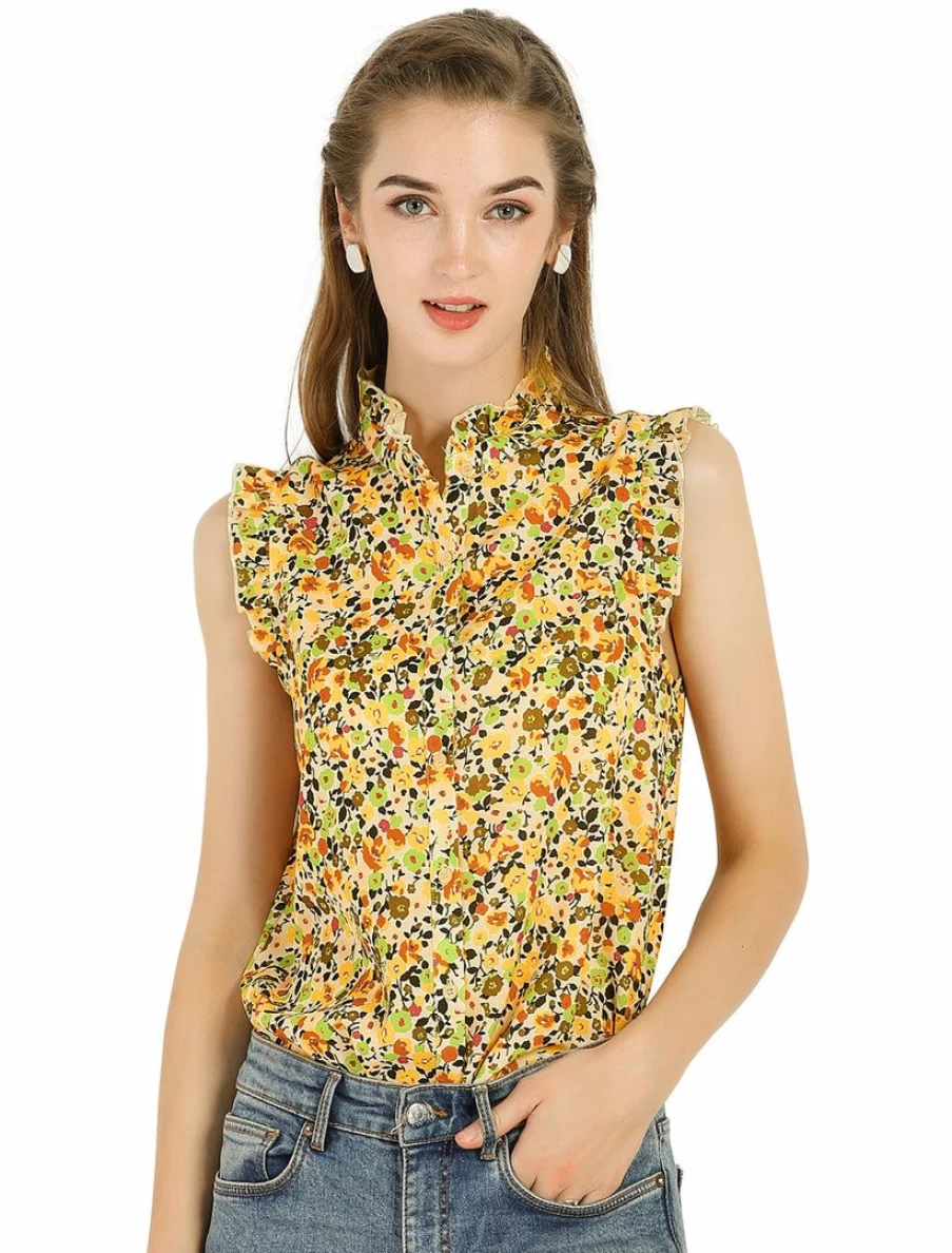 Allegra K Women's Yellow Floral Sleeveless Top with Ruffle Neckline and Button Down Design