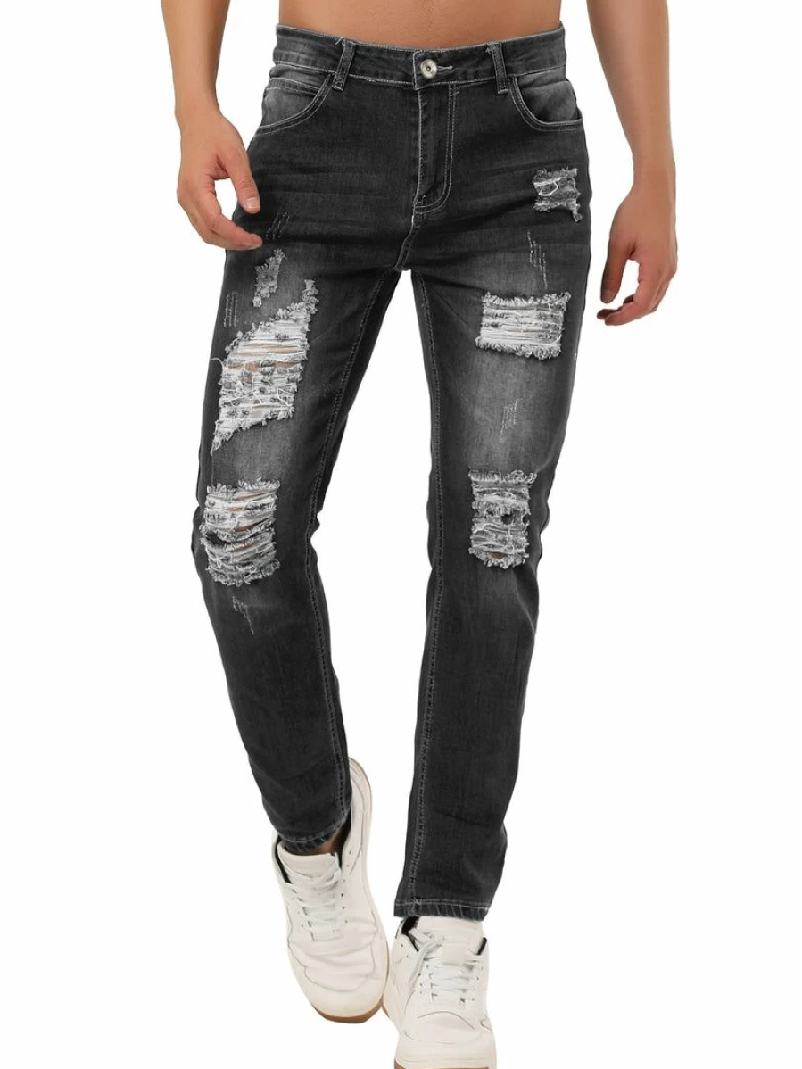Men's Slim Fit Ripped Skinny Jeans Distressed Denim Pants Western Style