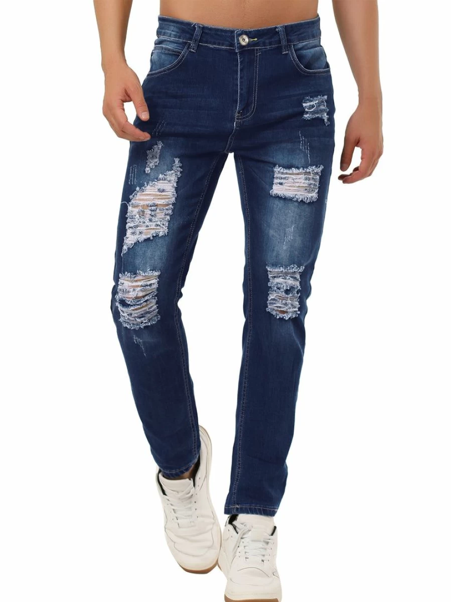 Men's Slim Fit Ripped Skinny Jeans Distressed Denim Pants Western Style
