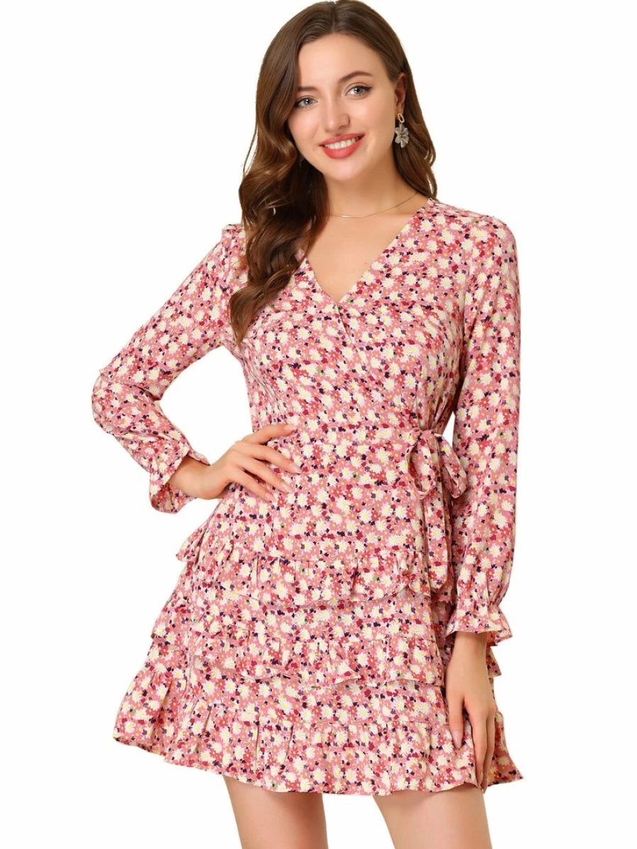 Pink Floral V-Neck Tie Waist Long Sleeve Ruffle Hem Dress for Women