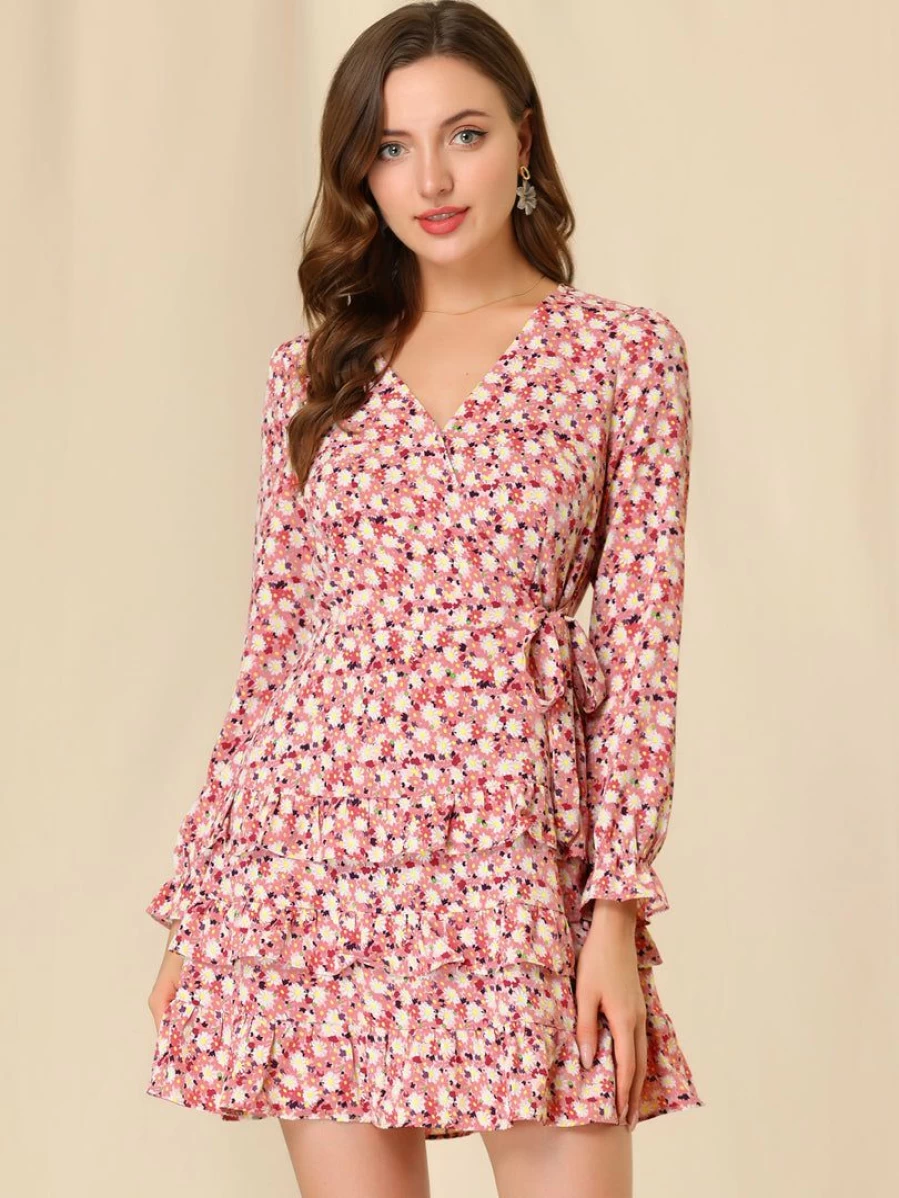 Pink Floral V-Neck Tie Waist Long Sleeve Ruffle Hem Dress for Women