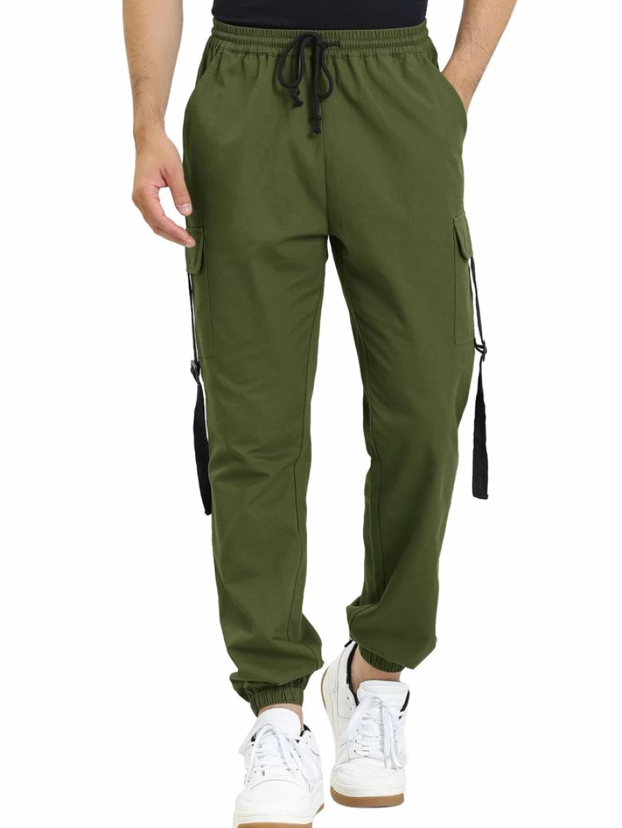 Men's Green Cargo Jogger Pants with Drawstring Elastic Waist for Casual & Work