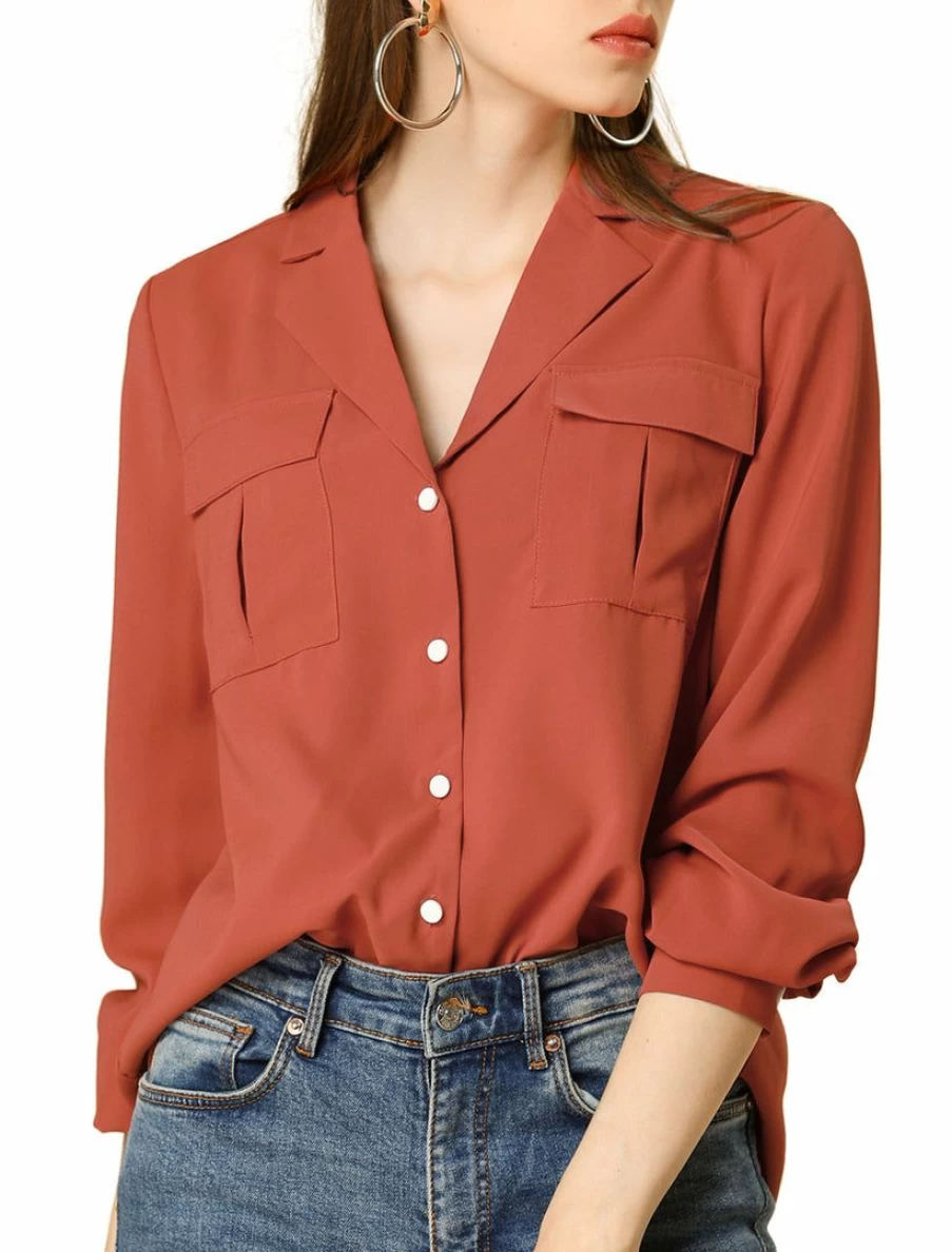 Rust Red Solid Button Down Shirt with Chest Pocket and Notch Lapel Collar by Allegra K
