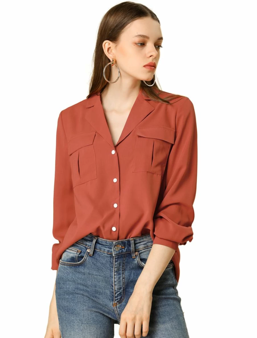 Rust Red Solid Button Down Shirt with Chest Pocket and Notch Lapel Collar by Allegra K