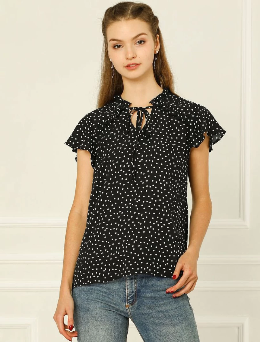 Allegra K Women's Black Polka Dot Blouse with Flare Sleeves and Ruffle Tie Neck Top