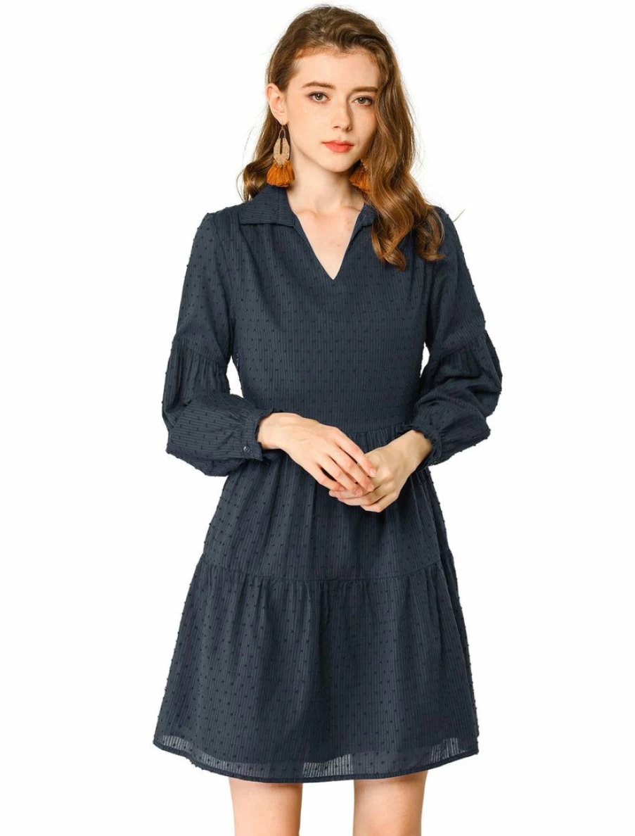 Allegra K Women's Navy Blue Swiss Dot Cotton Dress with Long Sleeves, V-Neck Collar, and Ruffle Hem