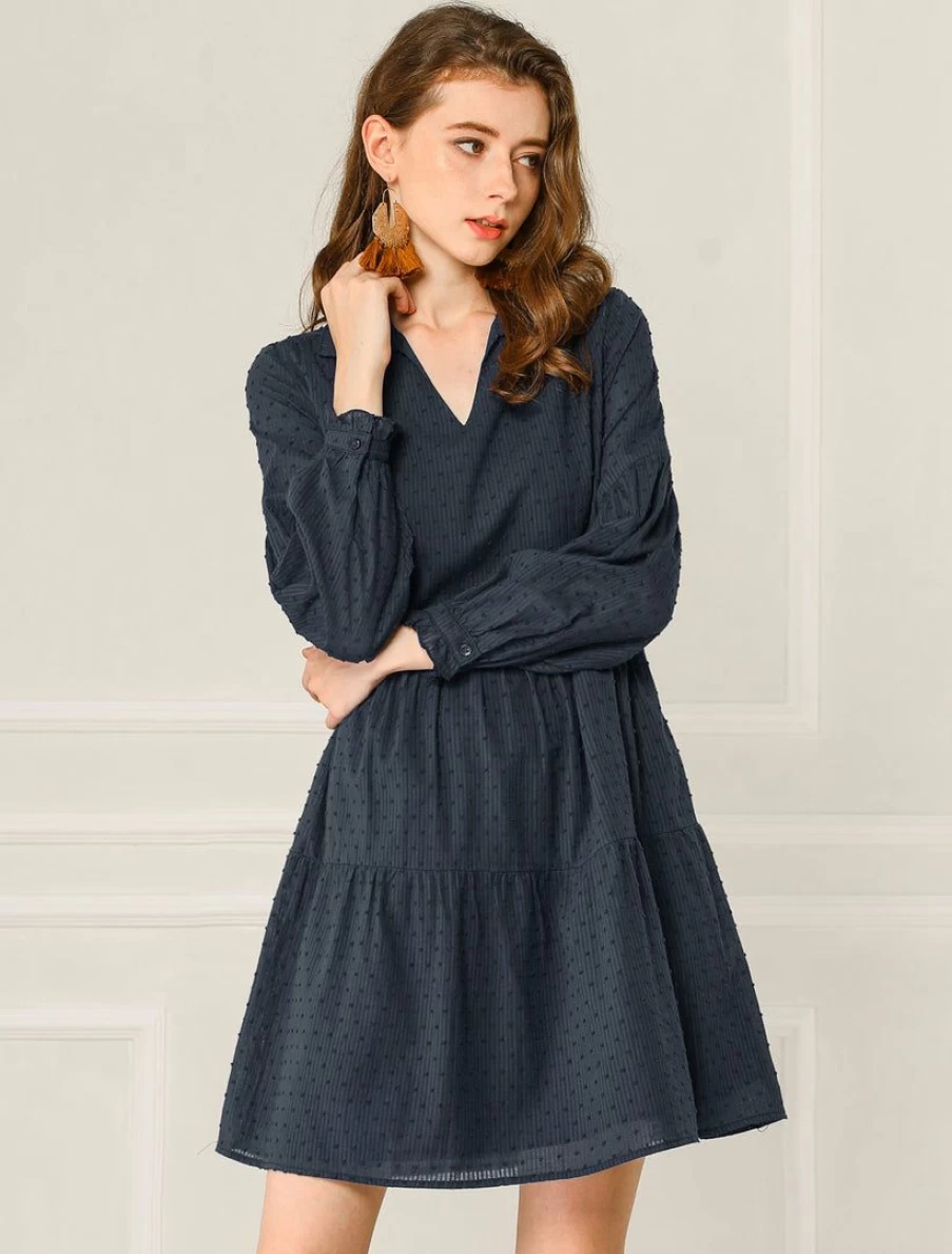 Allegra K Women's Navy Blue Swiss Dot Cotton Dress with Long Sleeves, V-Neck Collar, and Ruffle Hem