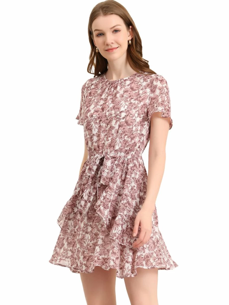 Allegra K Women's White Floral Asymmetrical Pleated Dress with Flare Sleeves