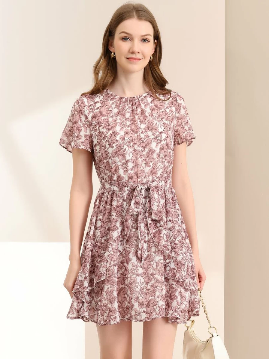 Allegra K Women's White Floral Asymmetrical Pleated Dress with Flare Sleeves