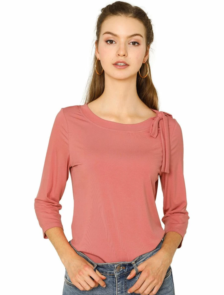 "Elegant Dusty Red Women's Slim Fit Knit Top with Bow Tie Neck and 3/4 Sleeves for Work"