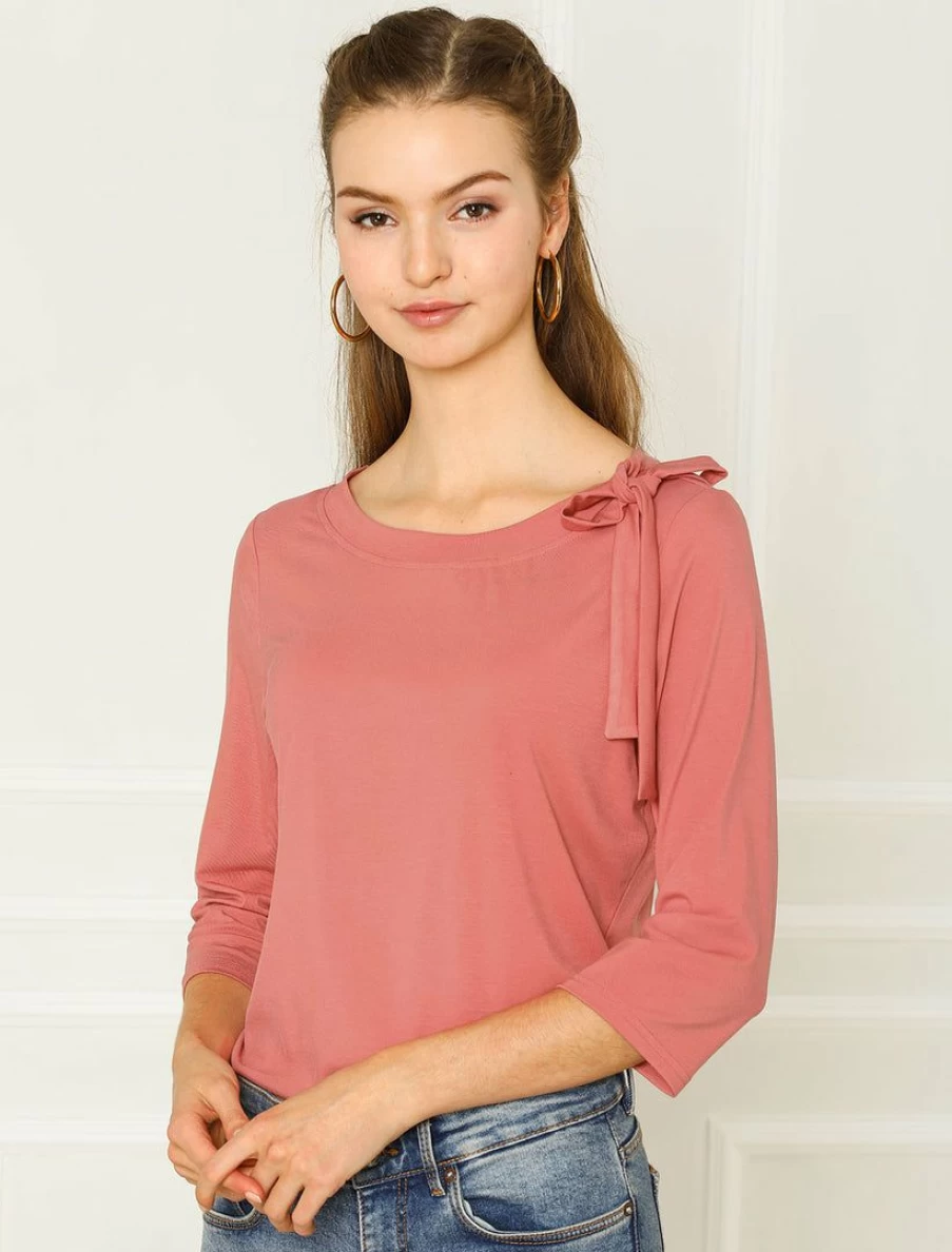 "Elegant Dusty Red Women's Slim Fit Knit Top with Bow Tie Neck and 3/4 Sleeves for Work"