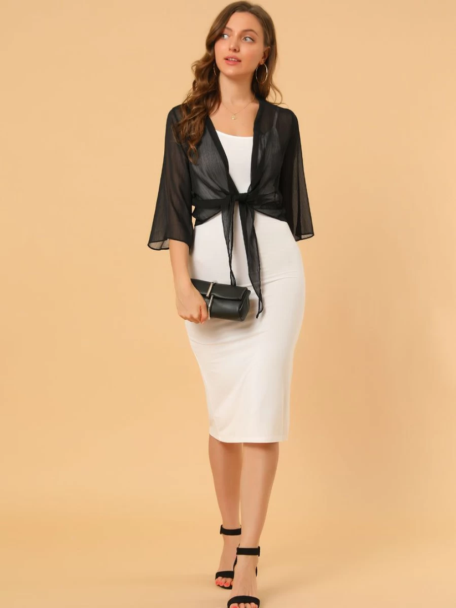 Women's Chiffon Sheer Cropped Cardigan 3/4 Sleeve Tie Front Bolero Shrug Lightweight Cover-Up