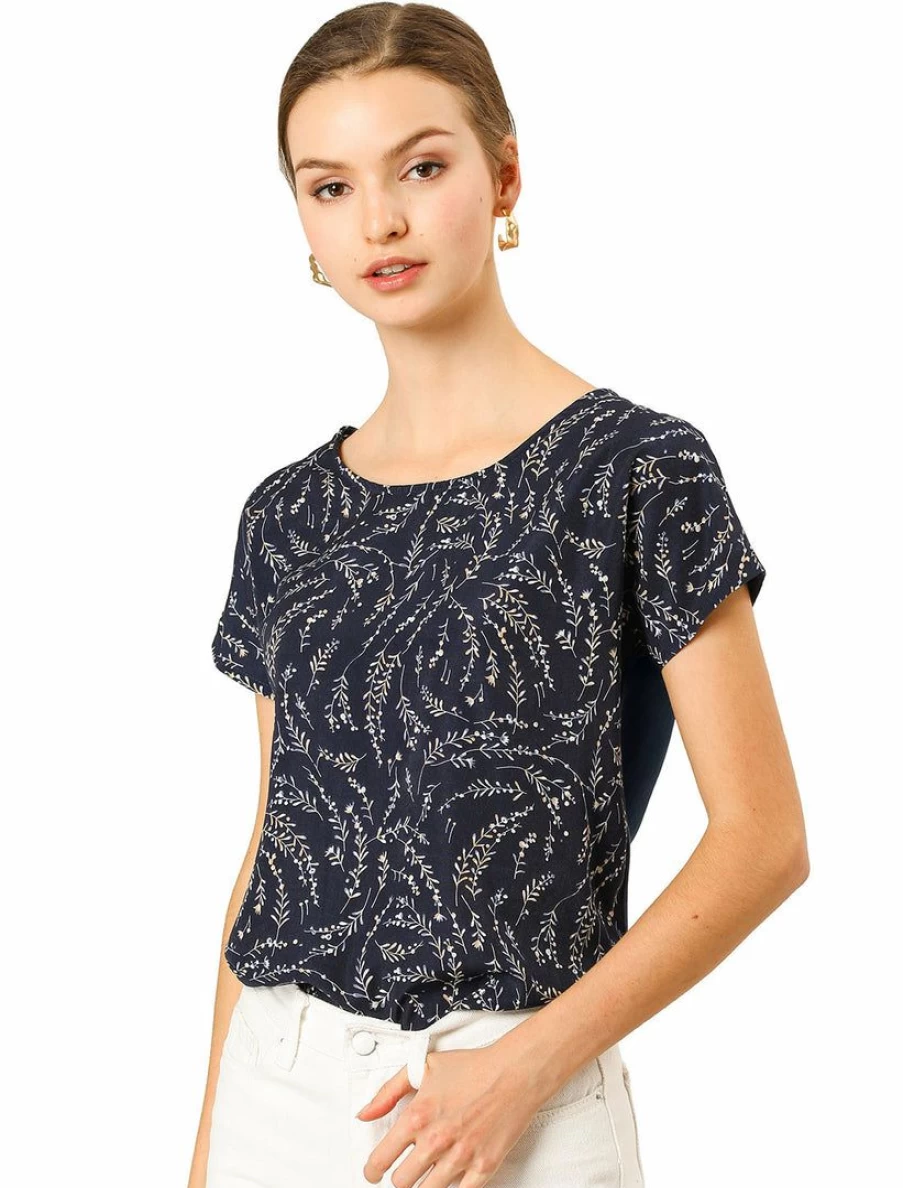 Allegra K Women's Dark Blue Floral Print Patchwork Short Sleeve Casual T-Shirt Summer Top