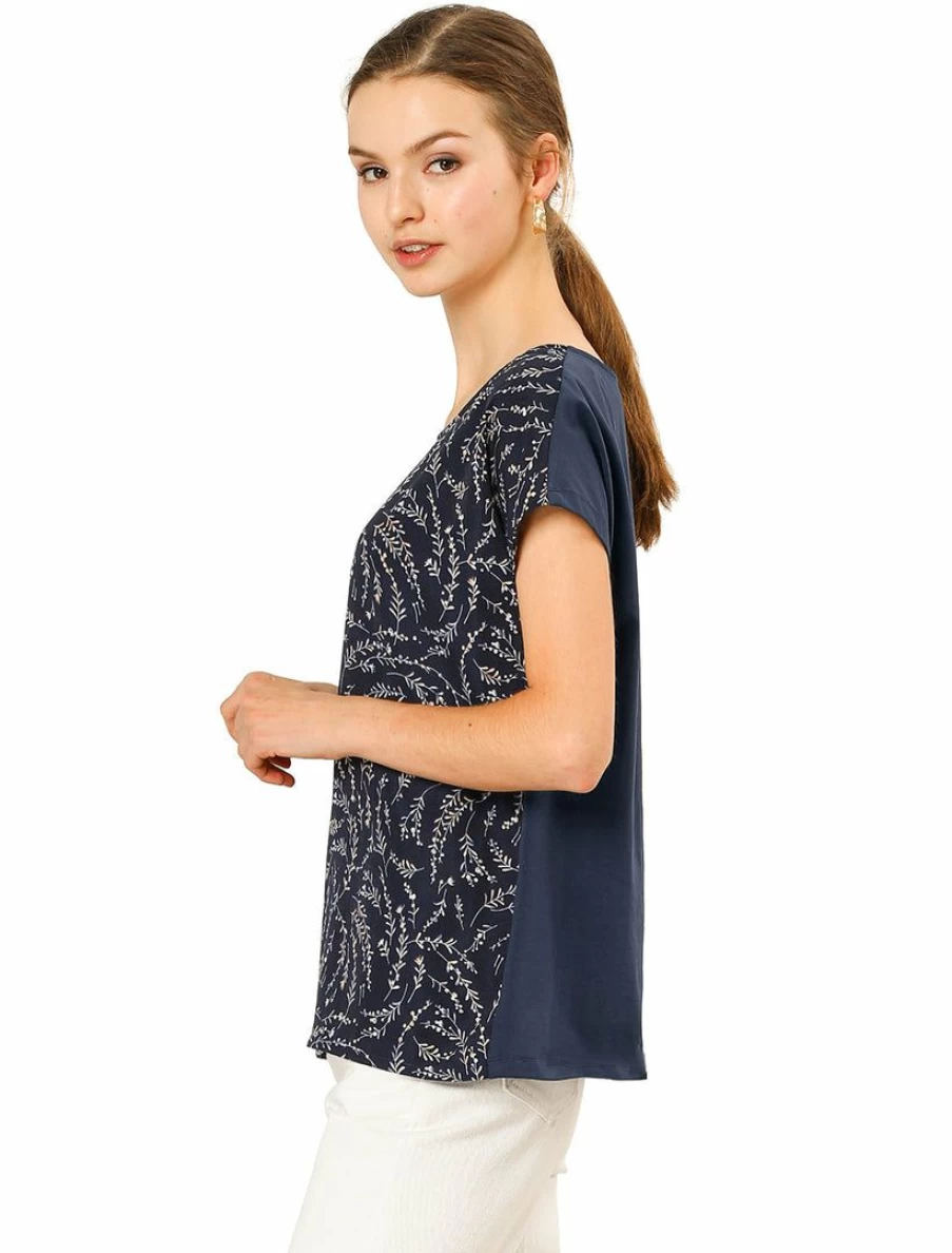 Allegra K Women's Dark Blue Floral Print Patchwork Short Sleeve Casual T-Shirt Summer Top