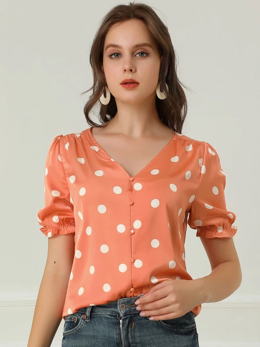 Allegra K Women's Orange Satin Blouse with V-Neck, Polka Dot Print, Puff Sleeves, and Button Down Design