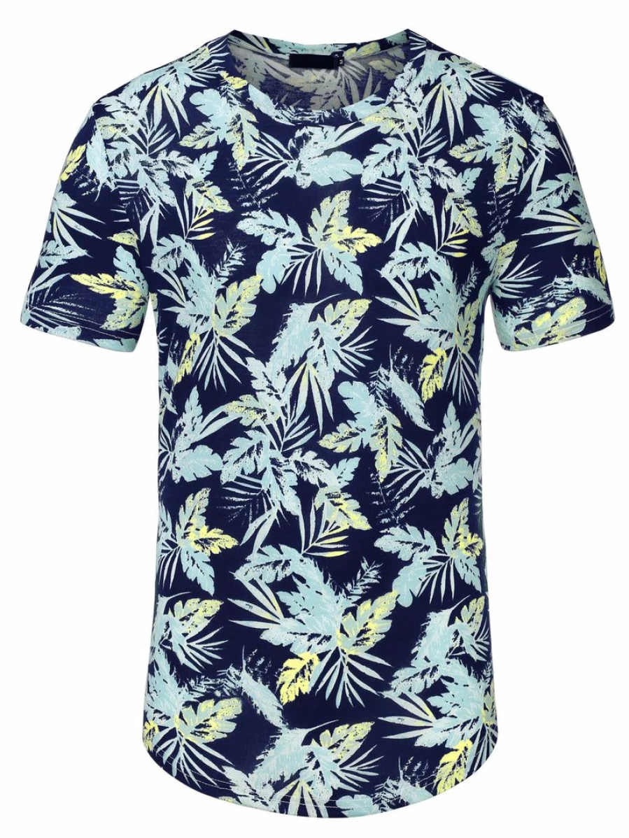 Men's Blue Yellow Floral Hawaiian Print Longline T-Shirt Summer Short Sleeve Tee