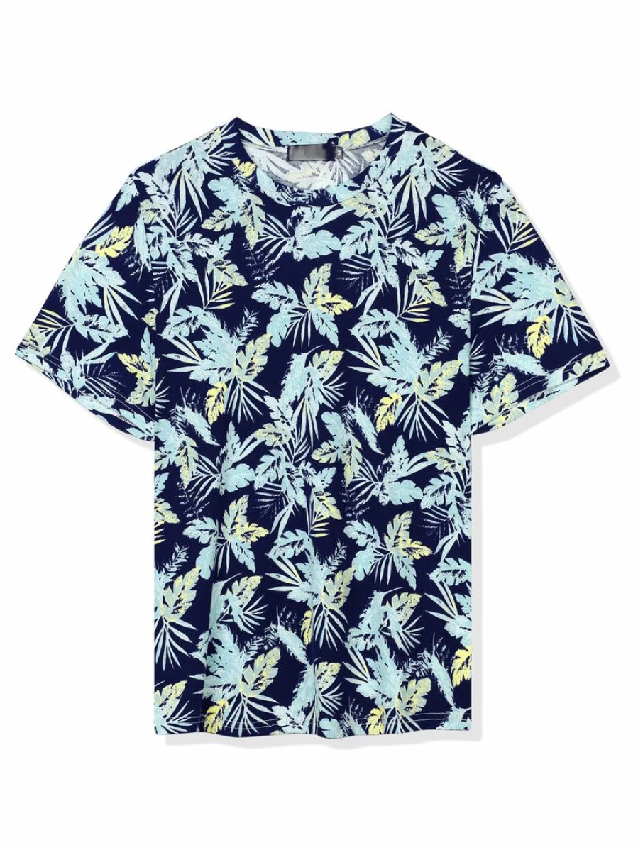 Men's Blue Yellow Floral Hawaiian Print Longline T-Shirt Summer Short Sleeve Tee