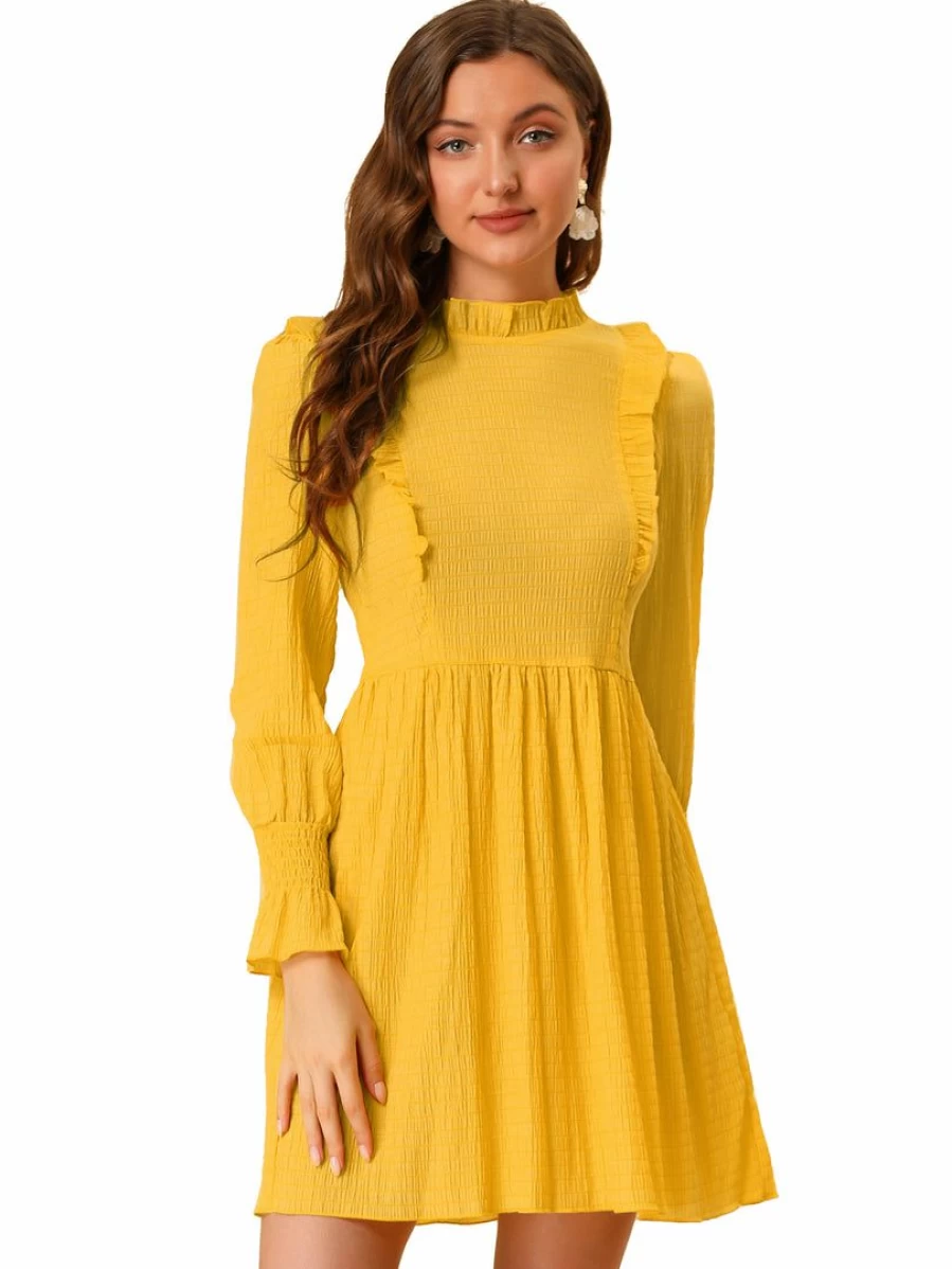 Allegra K Women's Yellow A-Line Mini Dress with Puff Sleeves, Ruffle Neck, and Frill Front